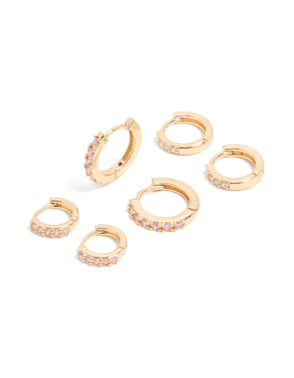 Gold Light Pink Cubic Zirconia Simple Huggie Earrings 3-Pack