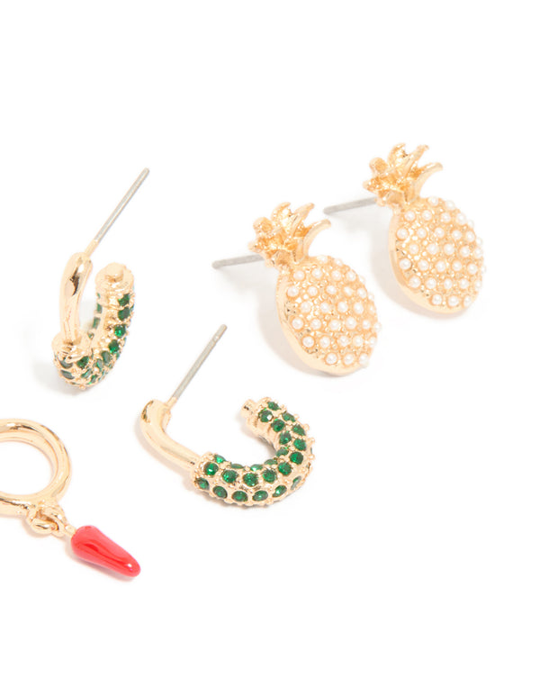 Gold Diamante Fruit Earrings 5-Pack