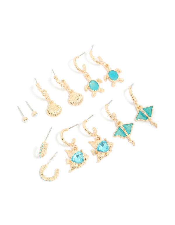 Gold Aqua Diamante Stingray & Sea Life Earrings 6-Pack