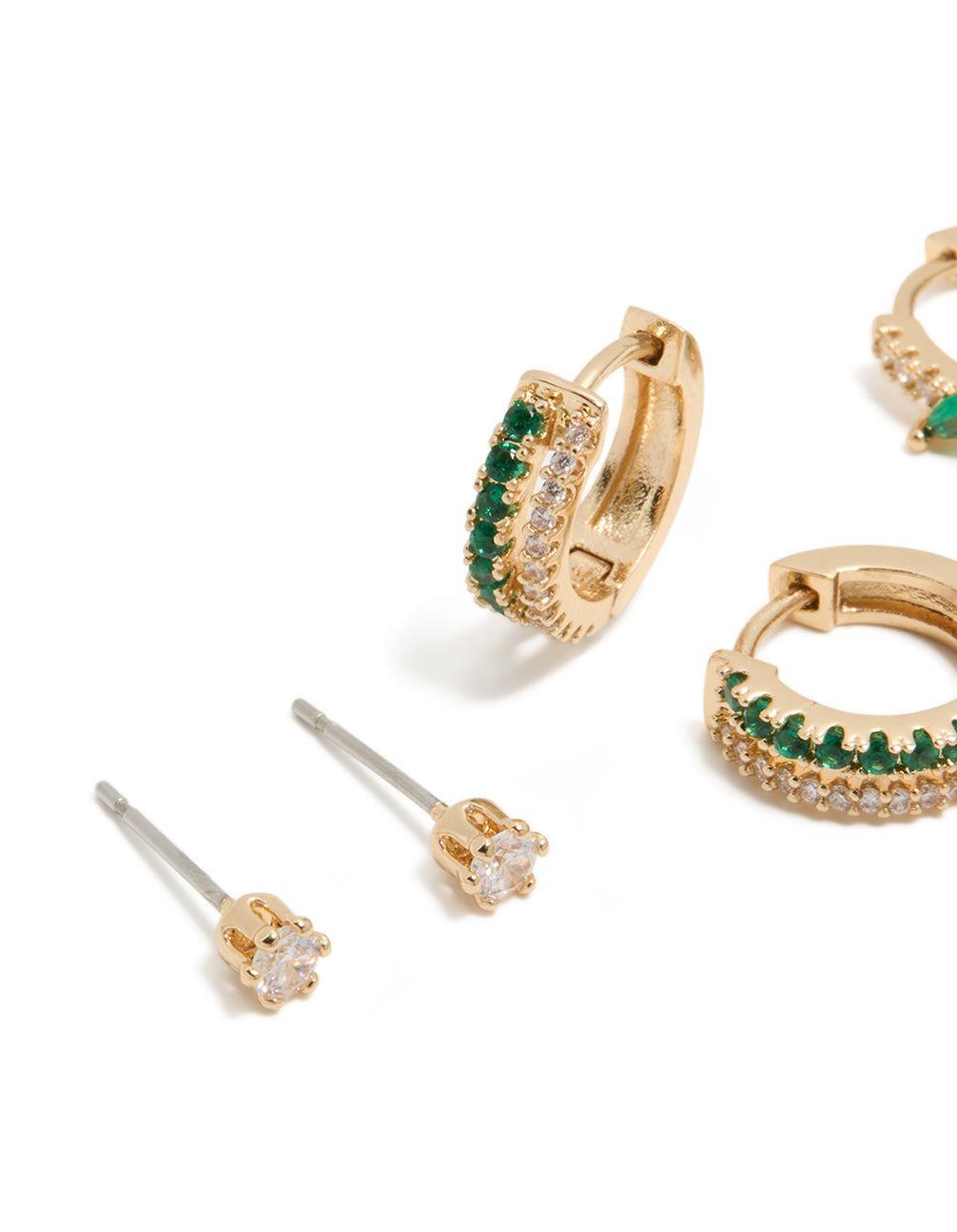 Beautifully crafted gold dark green cubic zirconia hoop and stud earrings 3-pack featuring crystal in close up view