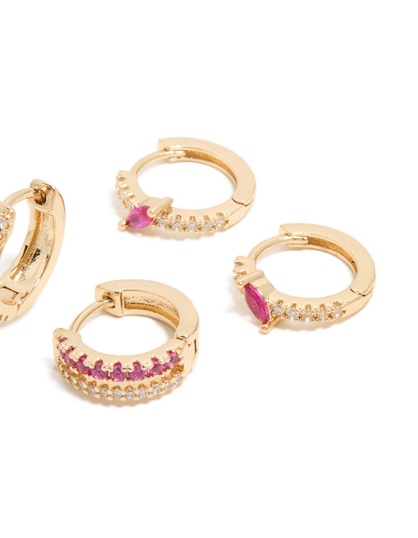 Gold Hot Pink Cubic Zirconia Hoop & Stud Earrings 3-Pack