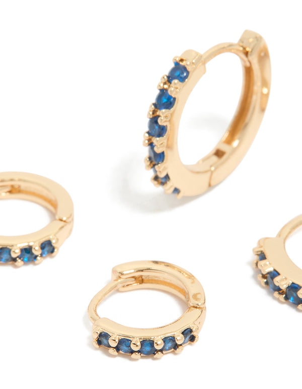 Gold Clear & Sapphire Cubic Zirconia Huggie Earrings 3-Pack