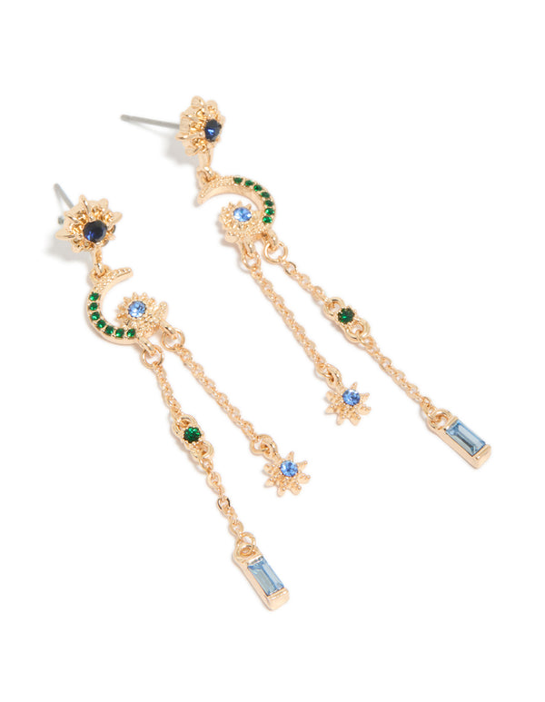 Gold Diamante Star & Moon Chain Drop Earrings