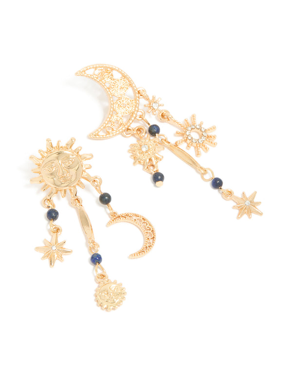 Gold Sun & Moon Semi Precious Stones Drop Earrings