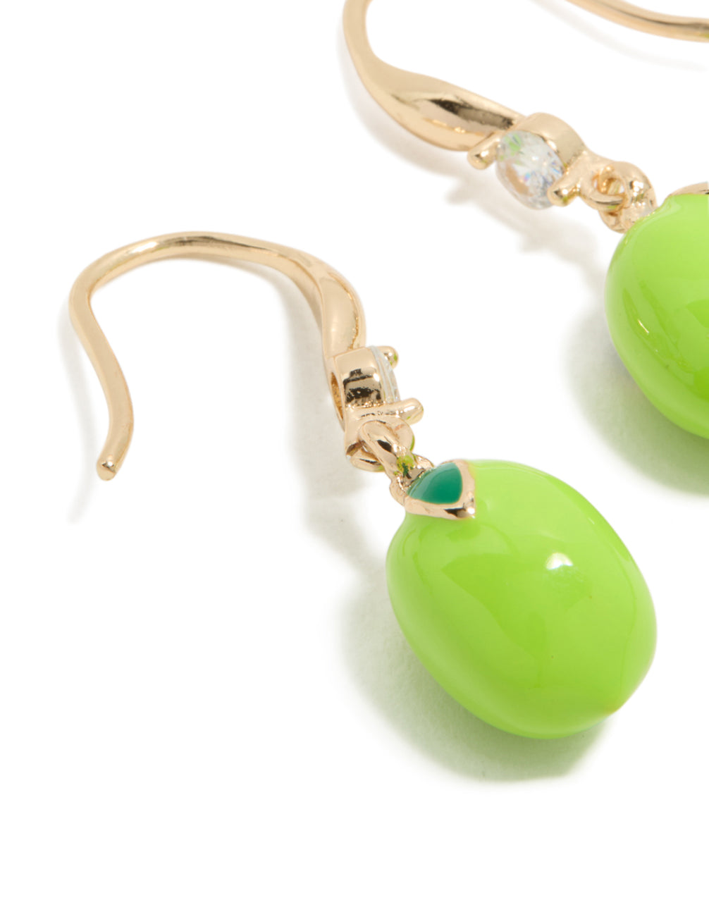 Elegant gold lime cubic zirconia hook earrings with teal detailing close up view