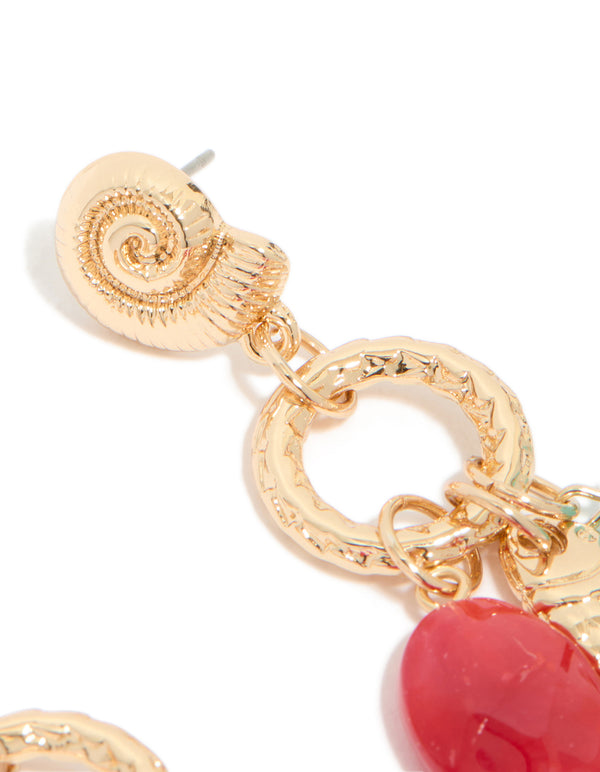 Gold Red Beaded & Fish Charm Drop Earrings