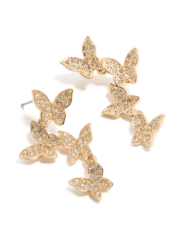 Showcasing gold diamante butterfly drop earrings featuring statement style accents front view