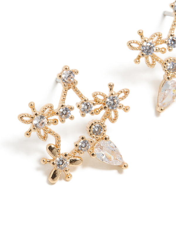 Gold Cubic Zirconia Celestial Star Stud Earrings