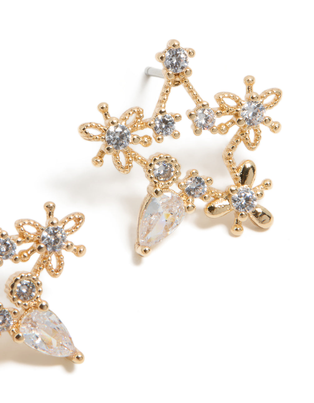 Showcasing gold cubic zirconia celestial star stud earrings with dainty in post detail view