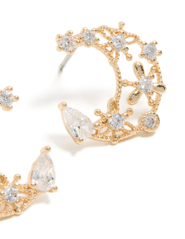 Gold Cubic Zirconia Celestial Moon Stud Earrings