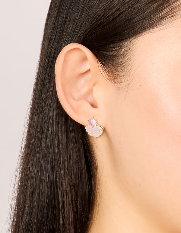 Gold Link Pink Cubic Zirconia Heart & Shell Stud Earrings