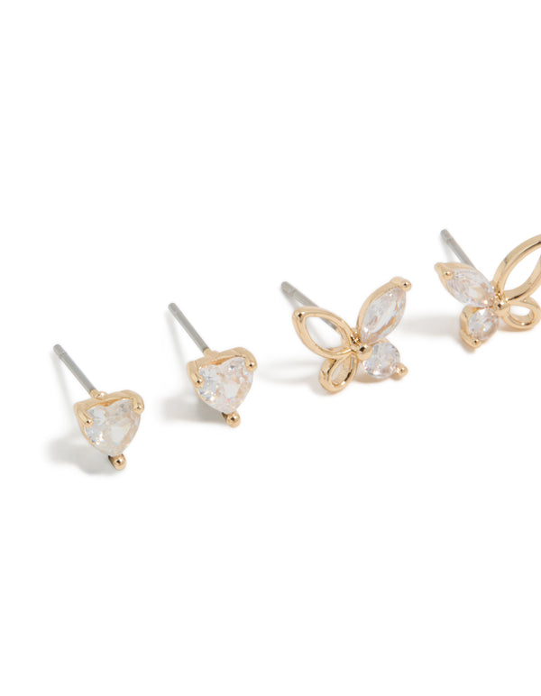 Gold Cubic Zirconia Butterfly & Heart Stud Earrings 3-Pack