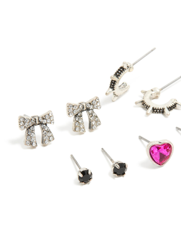 Silver Bow, Heart & Cross Earrings 6-Pack