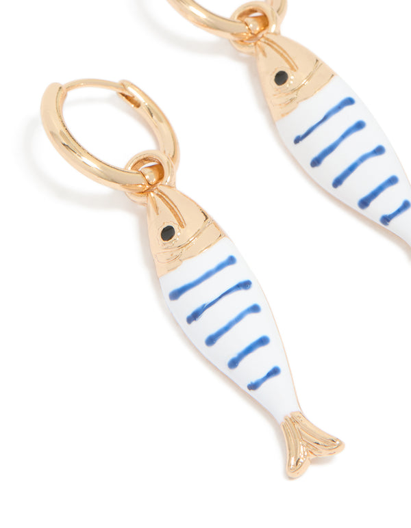 Gold White & Blue Striped Fish Huggie Earrings
