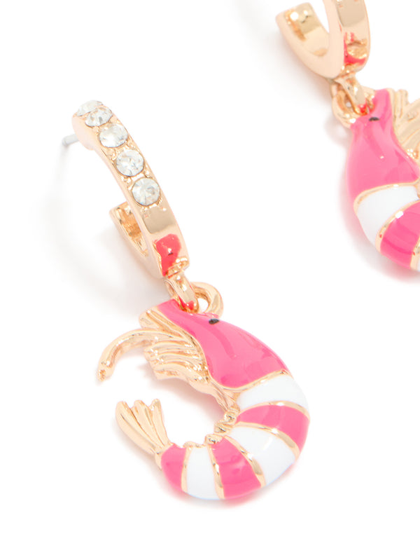 Designed with gold diamante shrimp open huggie earrings featuring hot pink and white ocean-inspired design close up view