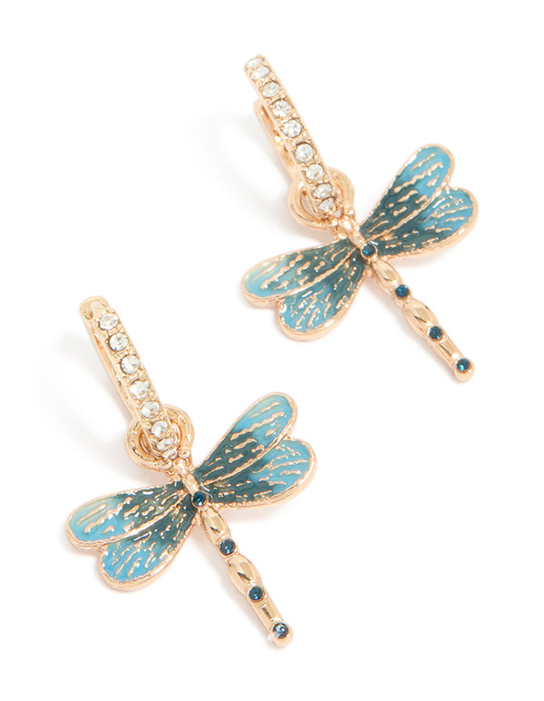 Gold Diamante Dragonfly Huggie Earrings