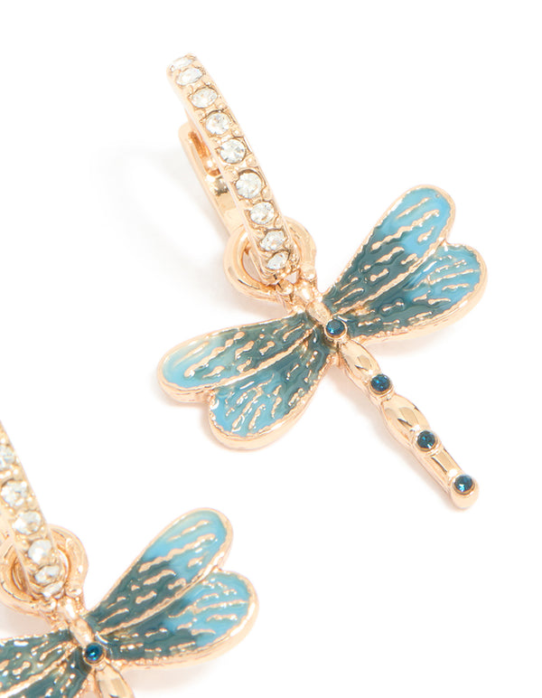 Gold Diamante Dragonfly Huggie Earrings