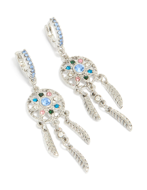 Silver Diamante Dreamcatcher Huggie Earrings