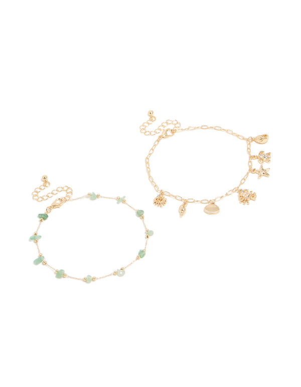 Gold Semi Precious Stone & Sea Charm Anklets 2-Pack