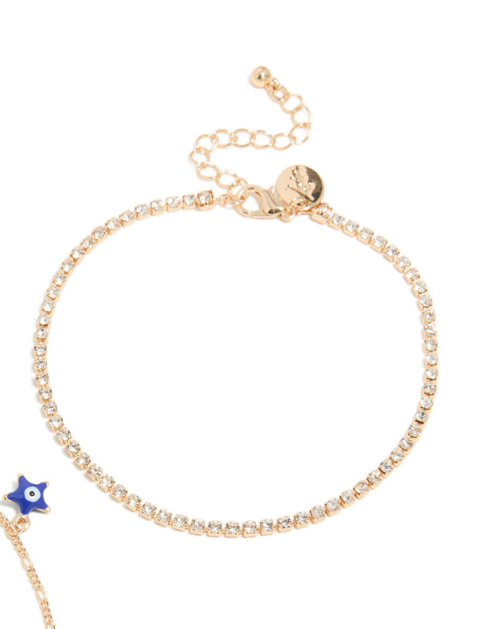 Featuring solitaire stone cut, gold evil eye tennis and chain anklets 3-pack with celestial star charms and cubic zirconia side view
