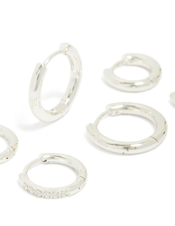Presenting waterproof stainless steel cubic zirconia essential stacking huggie earrings in a 3-pack with crystal, hoop closure and silver finish front view