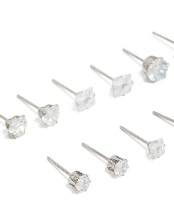 Discover waterproof stainless steel cubic zirconia essential stud earrings 6-pack featuring round stone cut in silver and white close up view