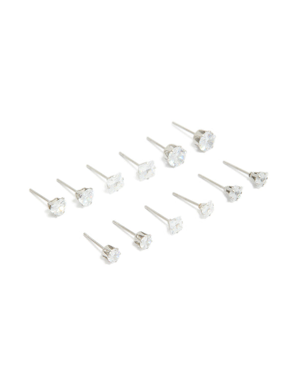 Showcasing waterproof stainless steel cubic zirconia essential stud earrings 6-pack with round stone cut and silver color side view
