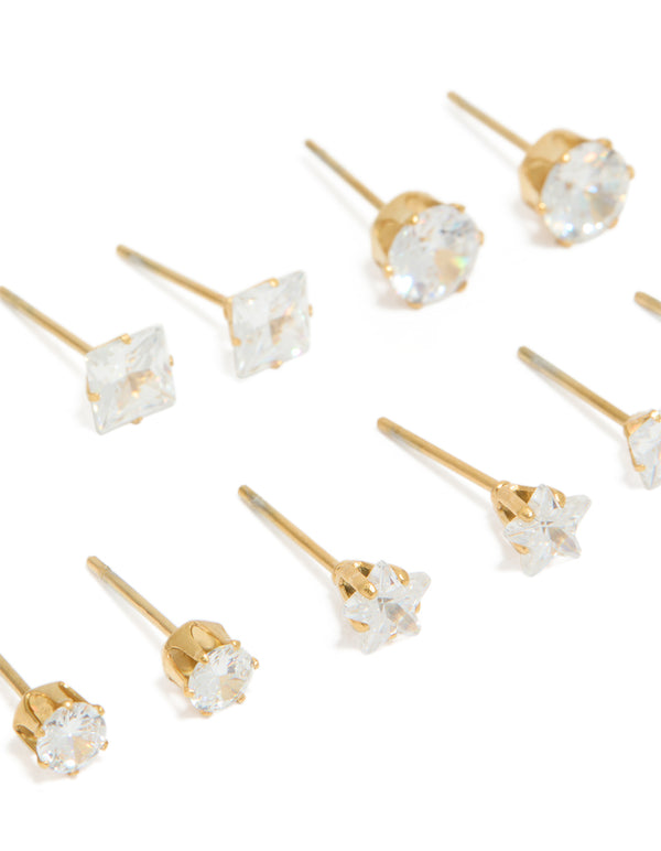 Featuring waterproof gold plated stainless steel cubic zirconia essential stud earrings 6-pack with round stone cut in clear close up view