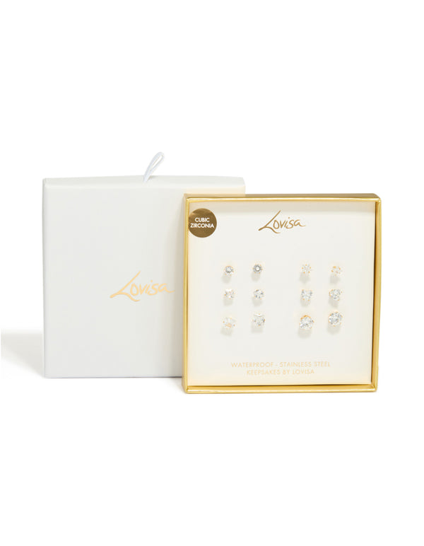 Crafted from waterproof gold plated stainless steel cubic zirconia essential stud earrings 6-pack with round stone cut in clear on front view