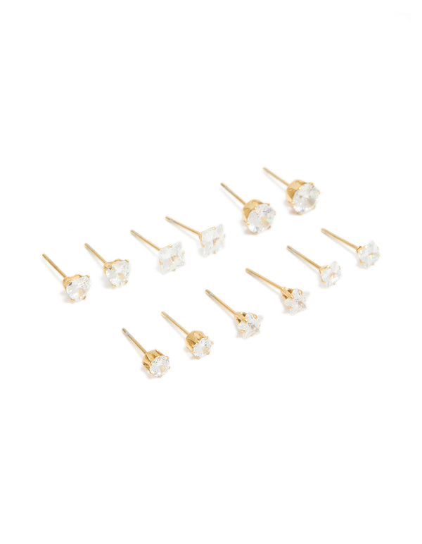 Discover waterproof gold plated stainless steel cubic zirconia essential stud earrings 6-pack featuring round stone cut and clear accents side view