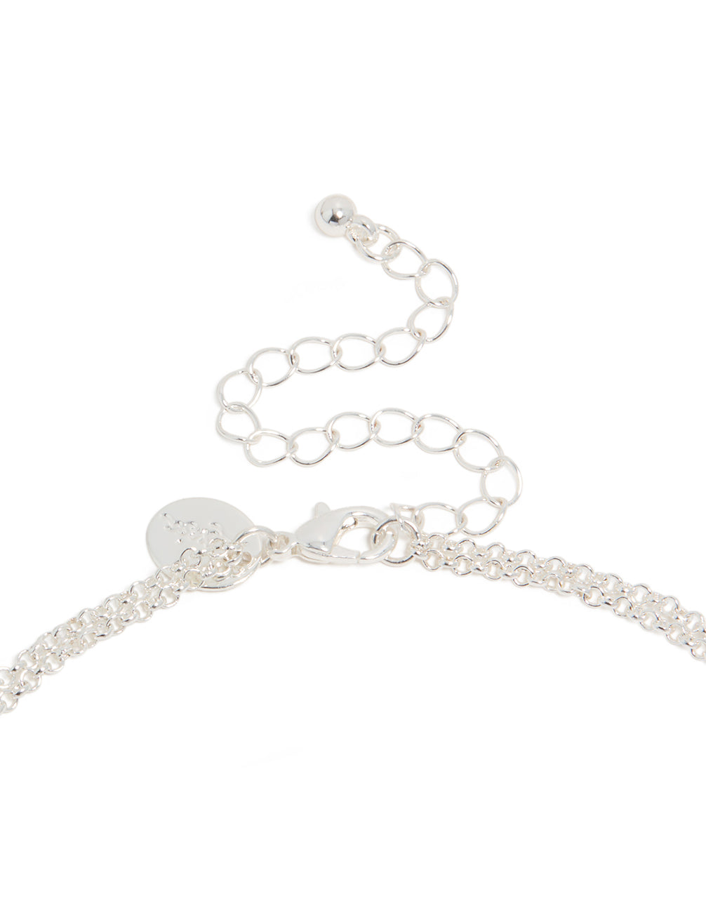 Presenting a silver plated layered necklace with cubic zirconia cross pendant clasp detail view