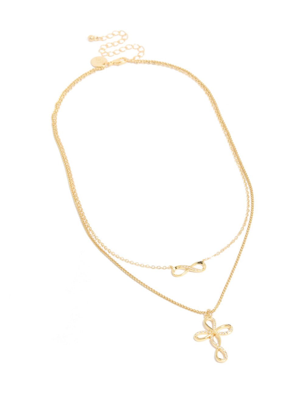 Featuring a gold plated cubic zirconia layered necklace with infinity and cross front view