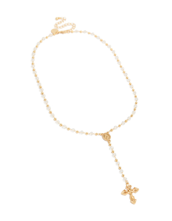 Featuring a gold plated dainty beaded rosary cross Y-necklace with balls in white accents front view