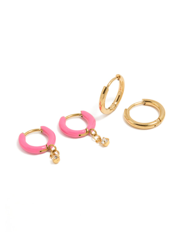 Showcasing waterproof gold plated stainless steel pink enamel and cubic zirconia huggie earrings 2-pack front view