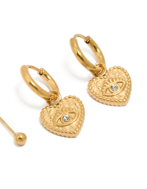 Discover waterproof gold plated stainless steel heart evil eye huggie and ball stud earrings 2-pack close up view