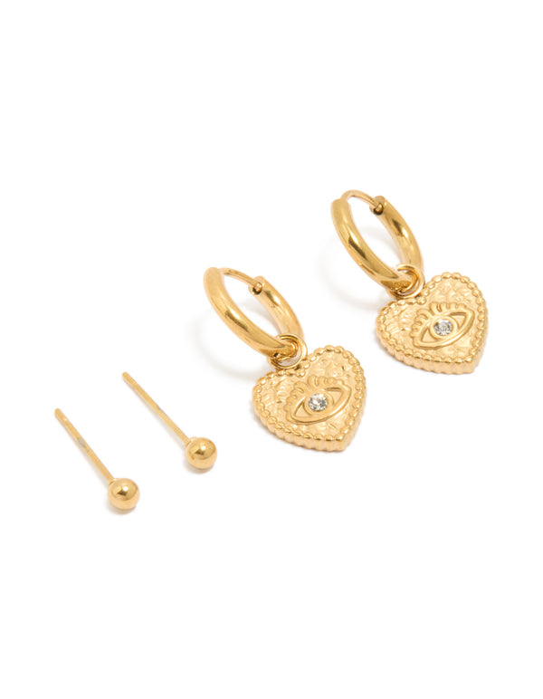 Introducing waterproof gold plated stainless steel heart evil eye huggie and ball stud earrings 2-pack front view