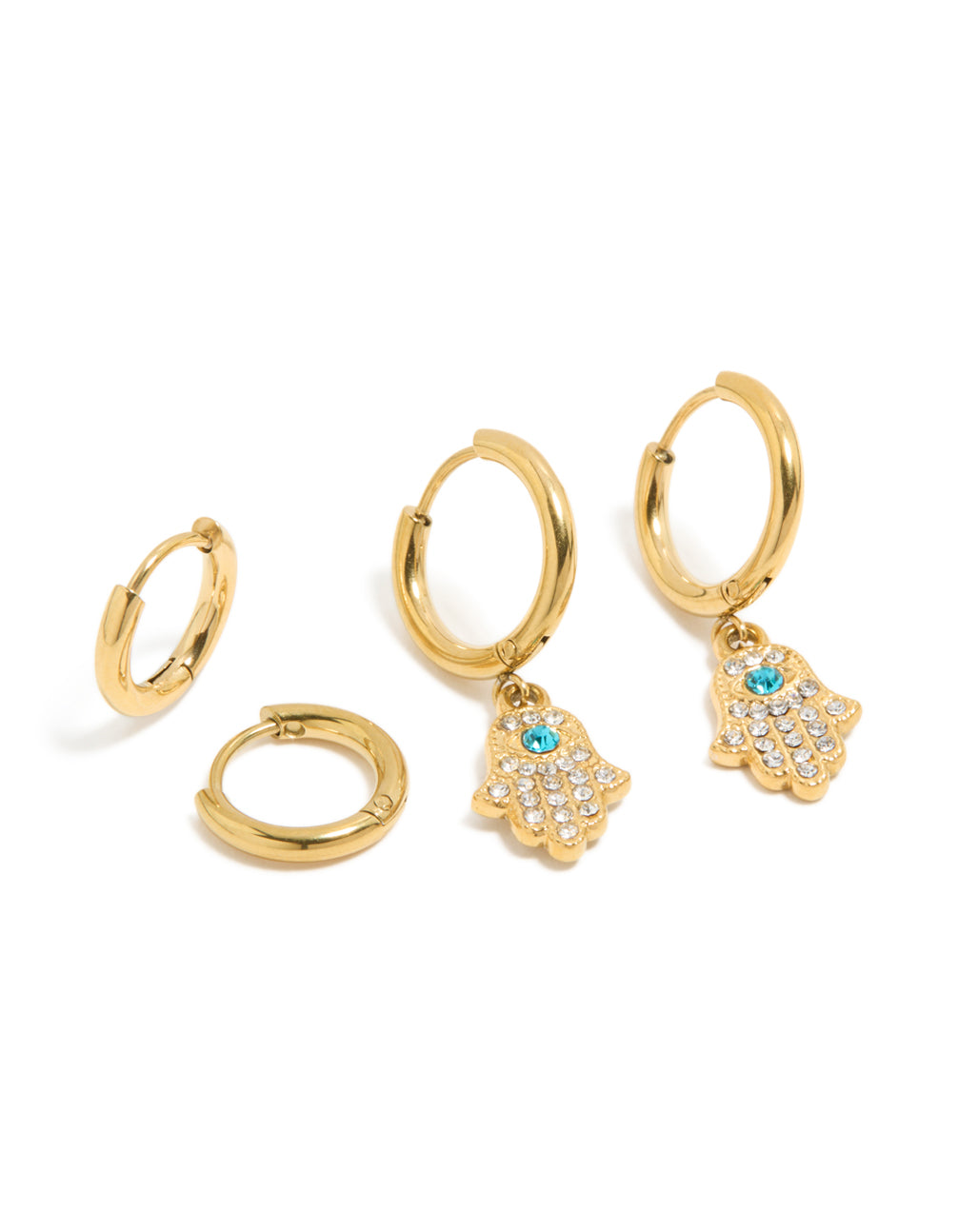 Showcasing waterproof gold plated stainless steel evil eye hamsa hand diamante huggie earrings in a 2-pack with turquoise and clear accents front view