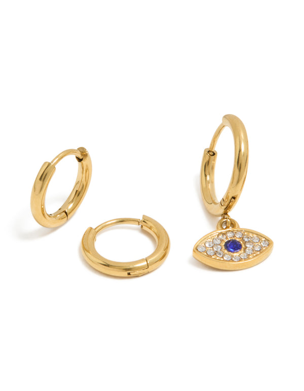 Presenting waterproof gold plated stainless steel diamante evil eye huggie earrings in a 2-pack close up view