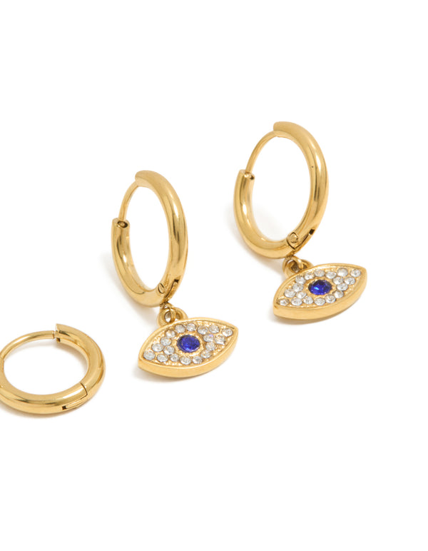 Presenting waterproof gold plated stainless steel diamante evil eye huggie earrings in a 2-pack close up view