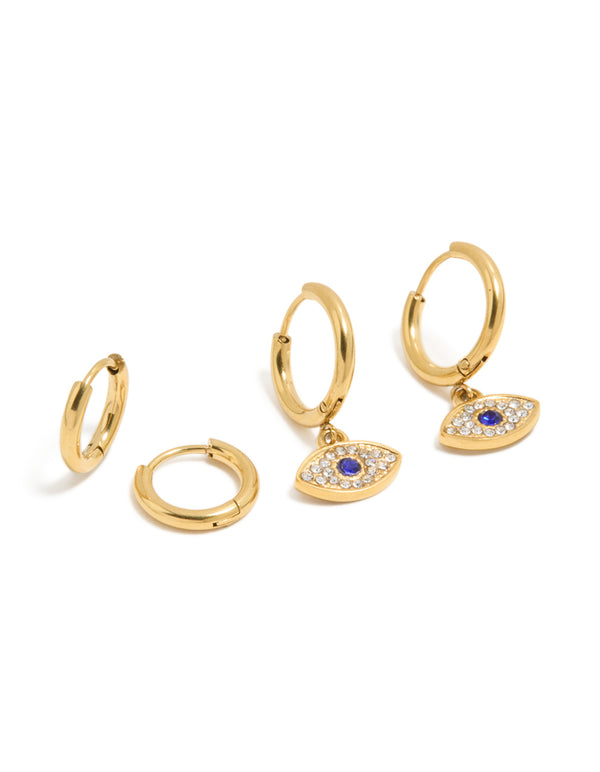 Showcasing waterproof evil eye huggie earrings in a 2-pack with diamante details crafted from gold plated stainless steel front view