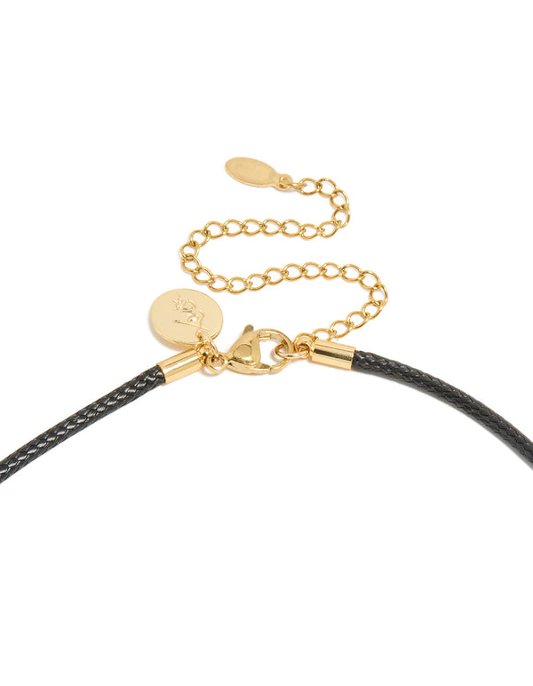 Waterproof necklace with gold plated stainless steel and black cord and pear cut cubic zirconia pendant in crystal clasp detail view