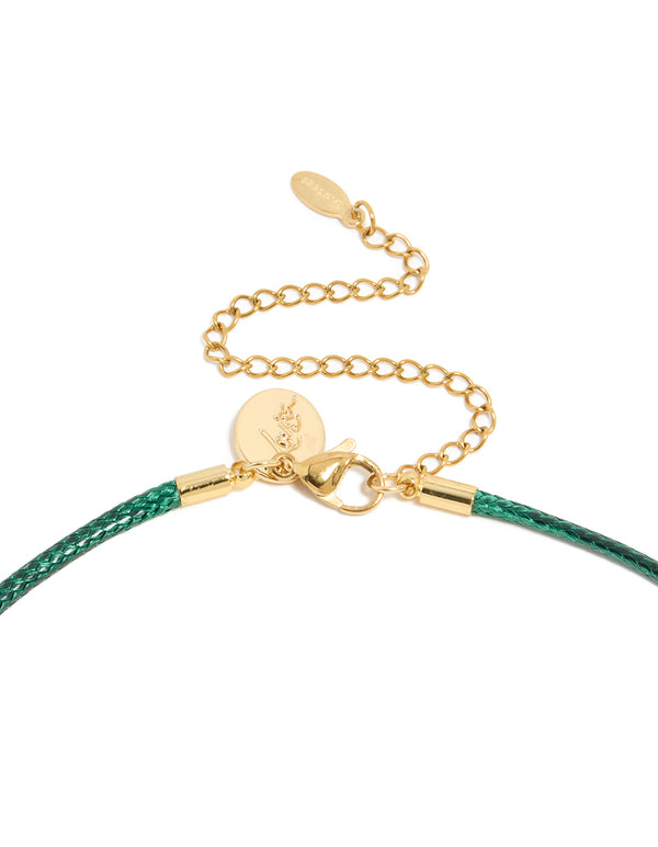 Waterproof Gold Plated Stainless Steel Pear Cubic Zirconia Drop Dark Green Cord Necklace