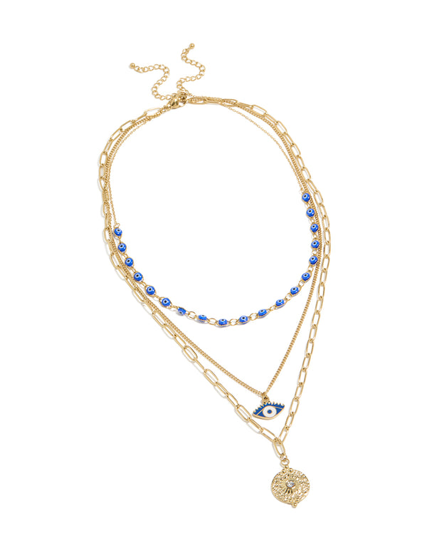 Elegant waterproof gold plated stainless steel evil eye necklaces 3-pack with beads celestial sun pendant enamel in blue and white front view