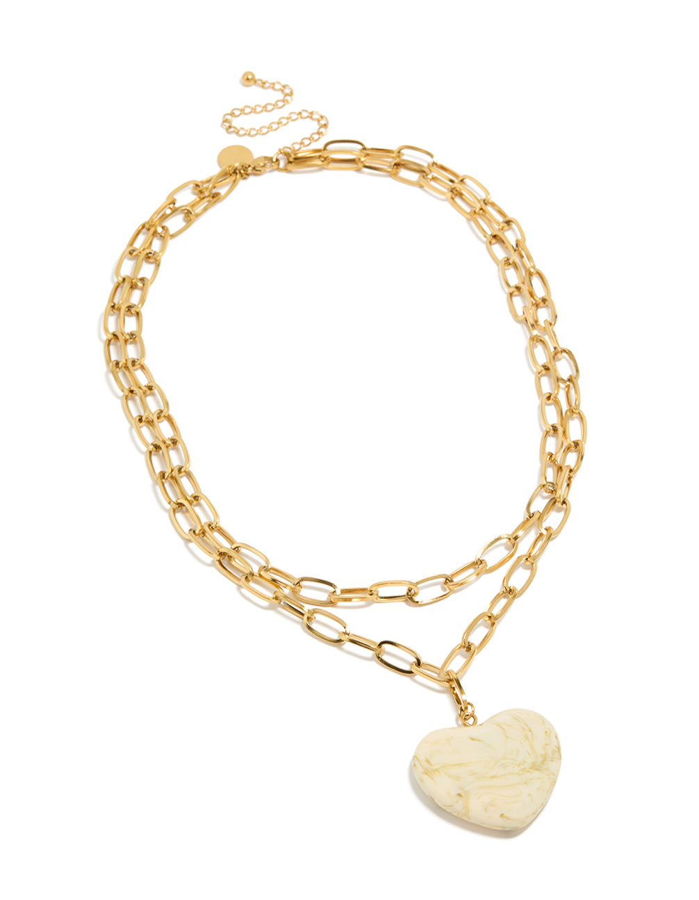 Displaying a waterproof double layered necklace featuring heart pendant in marble pattern, crafted from gold plated stainless steel, chunky style front view
