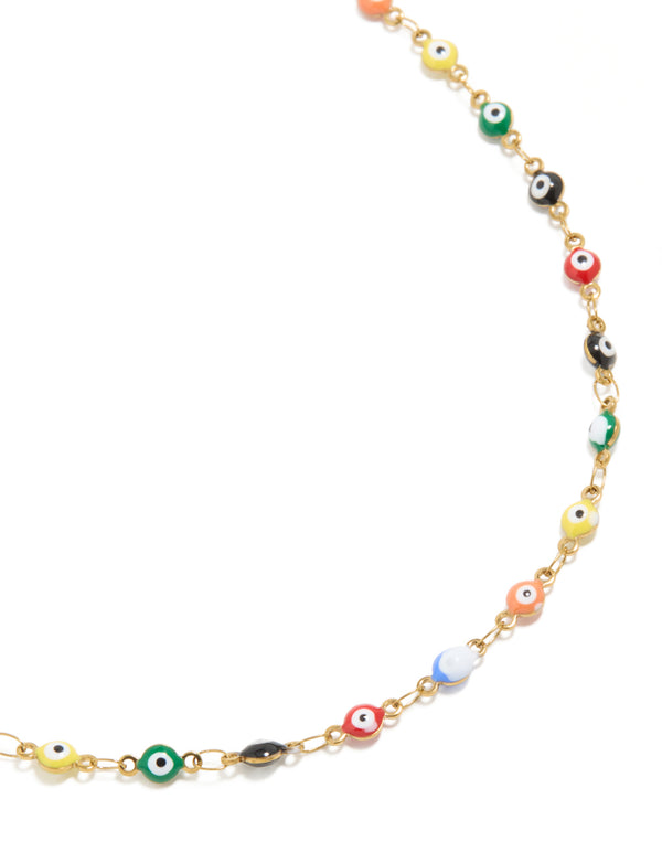 Waterproof Gold Plated Stainless Steel Multicoloured Evil Eye Charms Necklace