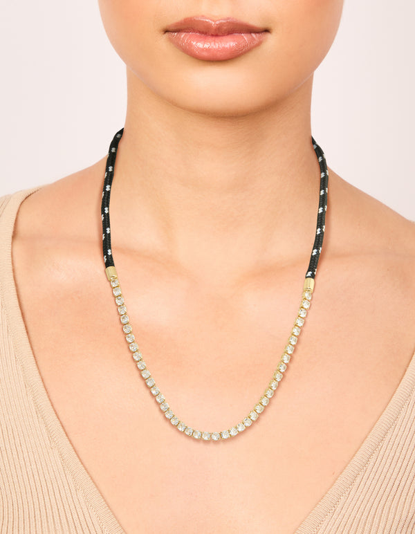 Waterproof Gold Plated Stainless Steel Half Tennis & Half Black Cord Necklace