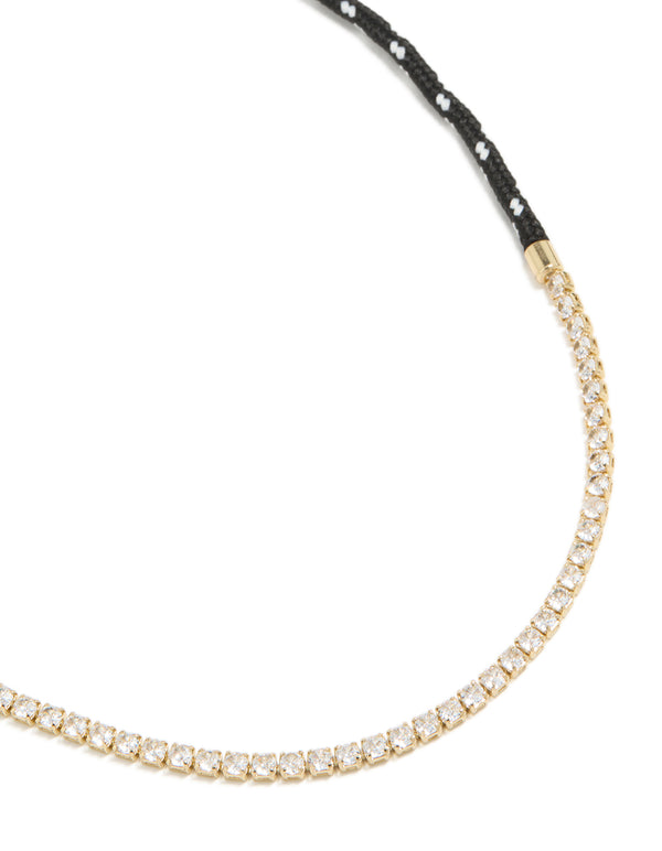 Waterproof Gold Plated Stainless Steel Half Tennis & Half Black Cord Necklace
