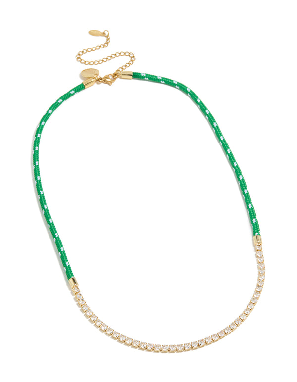Waterproof Gold Plated Stainless Steel Half Tennis Half Green Cord Necklace