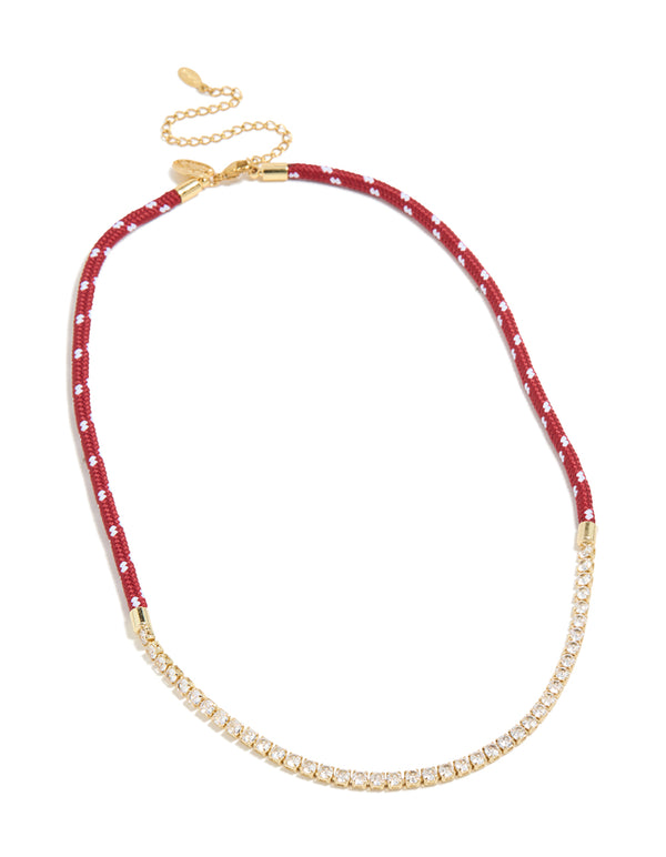 Waterproof Gold Plated Stainless Steel Half Tennis & Half Burgundy Cord Necklace