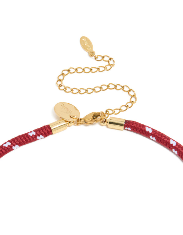 Waterproof Gold Plated Stainless Steel Half Tennis & Half Burgundy Cord Necklace